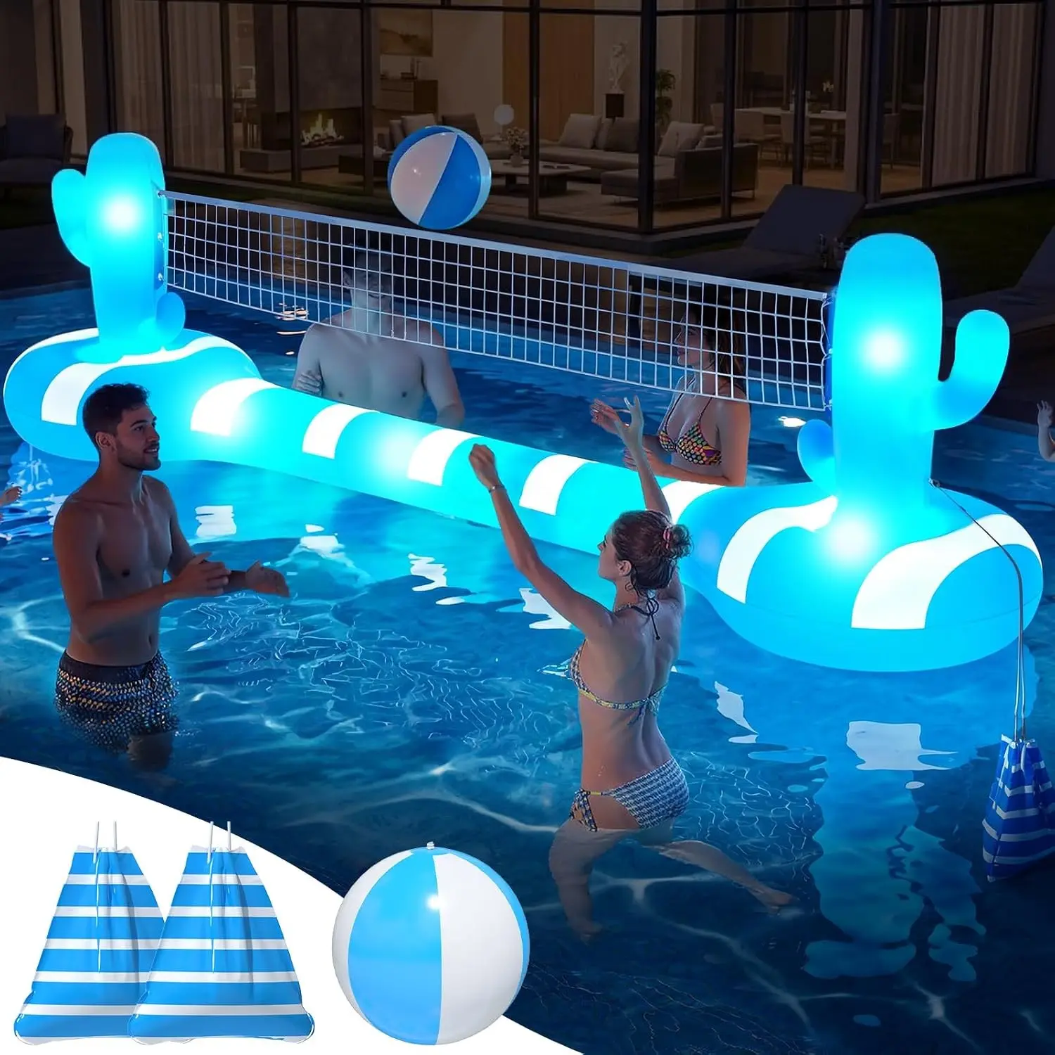 Pool Volleyball Net With Lights, Inflatable Floating Game Toy for Kids & Adults, Solar Pool Volleyball Set, Water Sport Pool Party