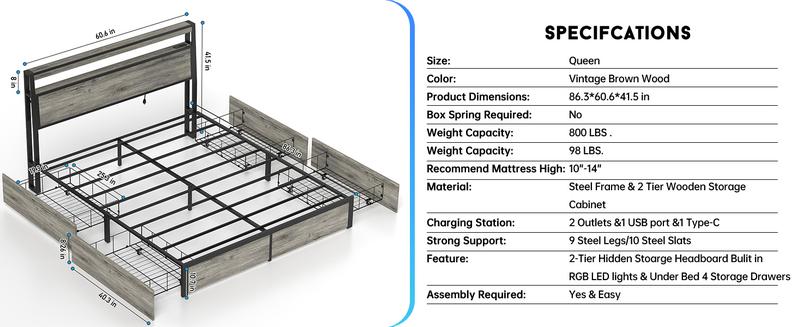 Queen Size Bed Frame with 4 Storage Drawers and Headboard with Charging Station and LED Lights,2 Tier Solid Wood Headboard Storage/Noise Free/No Box Spring Needed/Remote Control/Rustic Grey