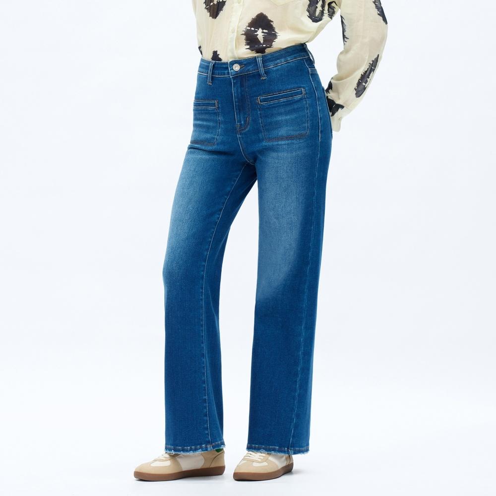 Women’s Retro Medium Wash High-Waisted Wide-Leg Jeans, Straight Fit Denim Trousers with Patch Pockets, Casual All-Season Streetwear m&m