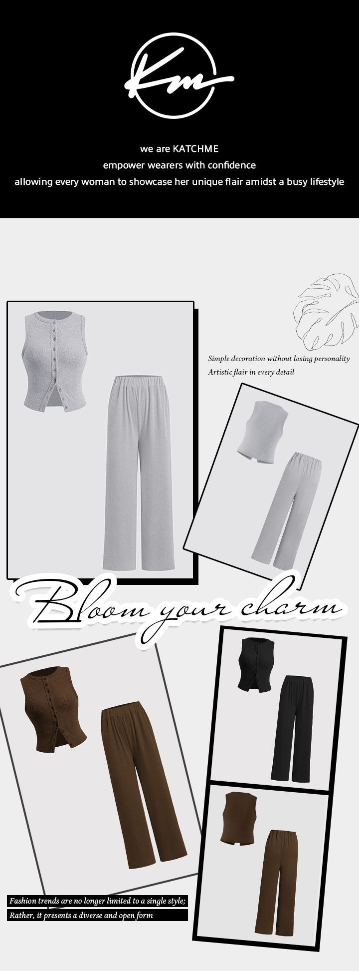 KatchMe Women's Casual Solid Color Sleeveless Button-Up Tank Top & Wide Leg Trousers Co-ord, Minimalist Two Piece Outfits, Comfort Basic Co-ord Set(US) KatchMe Women's Casual Solid Color Sleeveless Button-Up Tank Top & Wide Leg Trousers Co-ord, Minimalist Two Piece Outfits, Comfort Basic Co-ord Set(US)