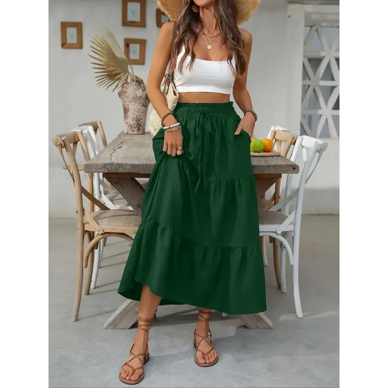 Women's Long Skirt High Waist A-Line Flowy Fake Drawstring Ruffle Skirt with Pockets, Casual Loose-Fitting Plain Skirt for All Seasons