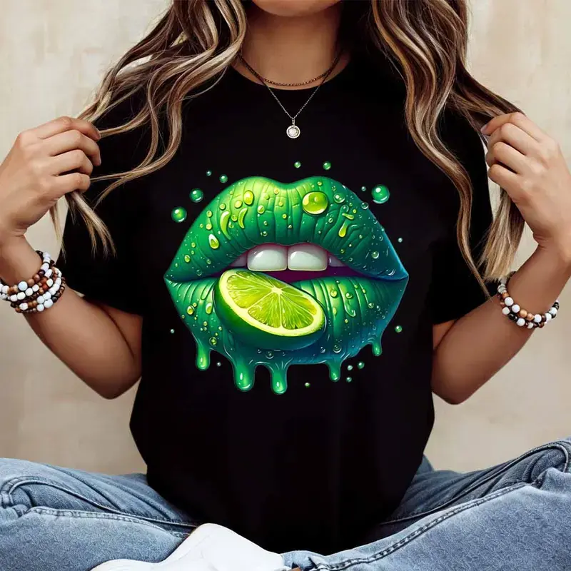 Men's 100% Cotton Green Lips & Lime Graphic T-Shirt - Menswear, Simple, Soft Short-Sleeve Top for Casual Wear & Travel, Comfortable Flat Clothes