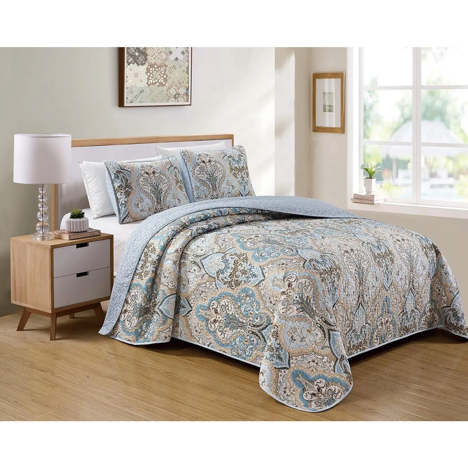 Home Linen Bedspread Set Damask Pattern Light Blue White Beige and Brown New (Full/Queen)