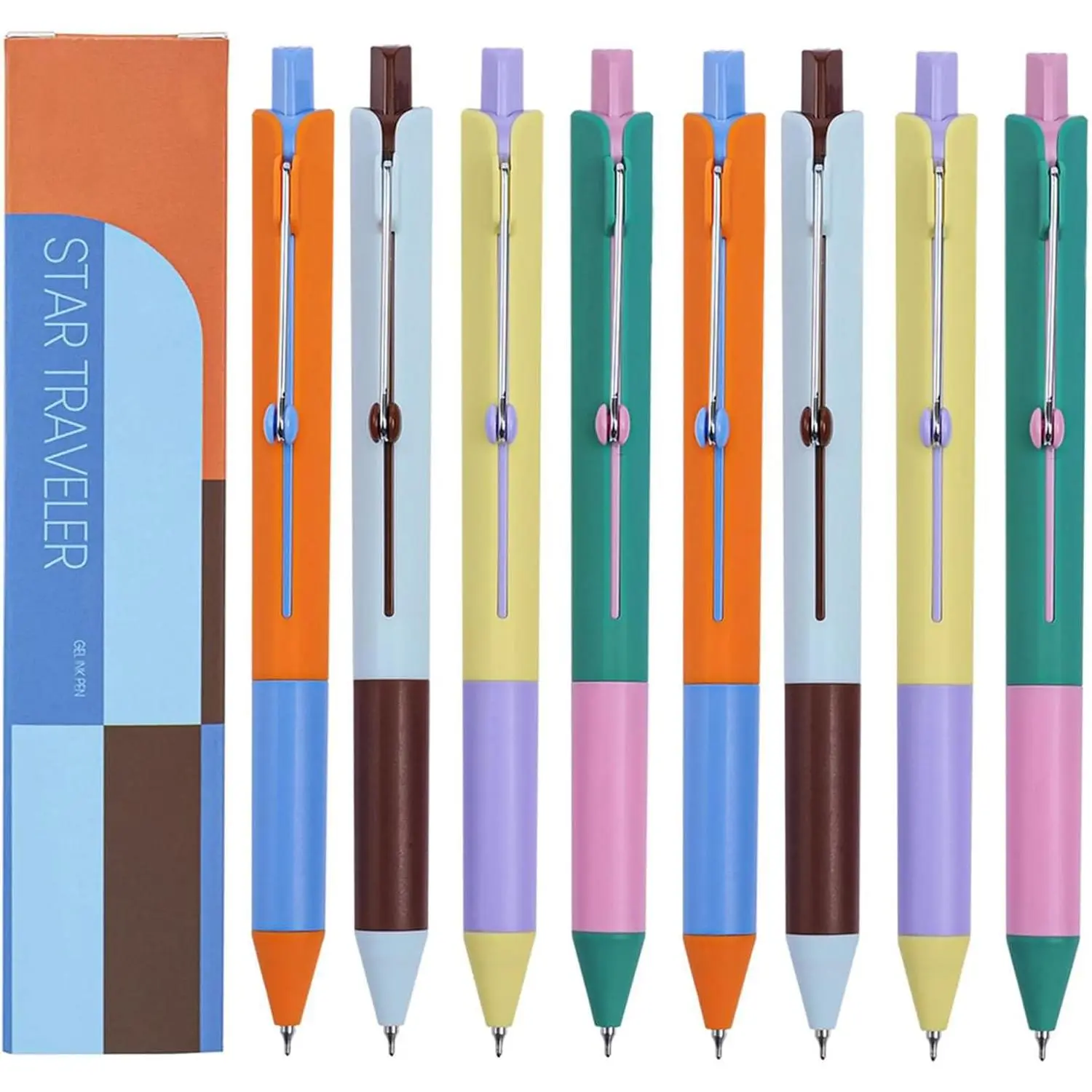 8 count  Traveler Retractable Rollerball Pens Geometric Aesthetic Art Gel Pen Cute Color Blocking Design with Rolling Pen Clip 0.5mm CS Nib Black Ink for Office Scool Supplies