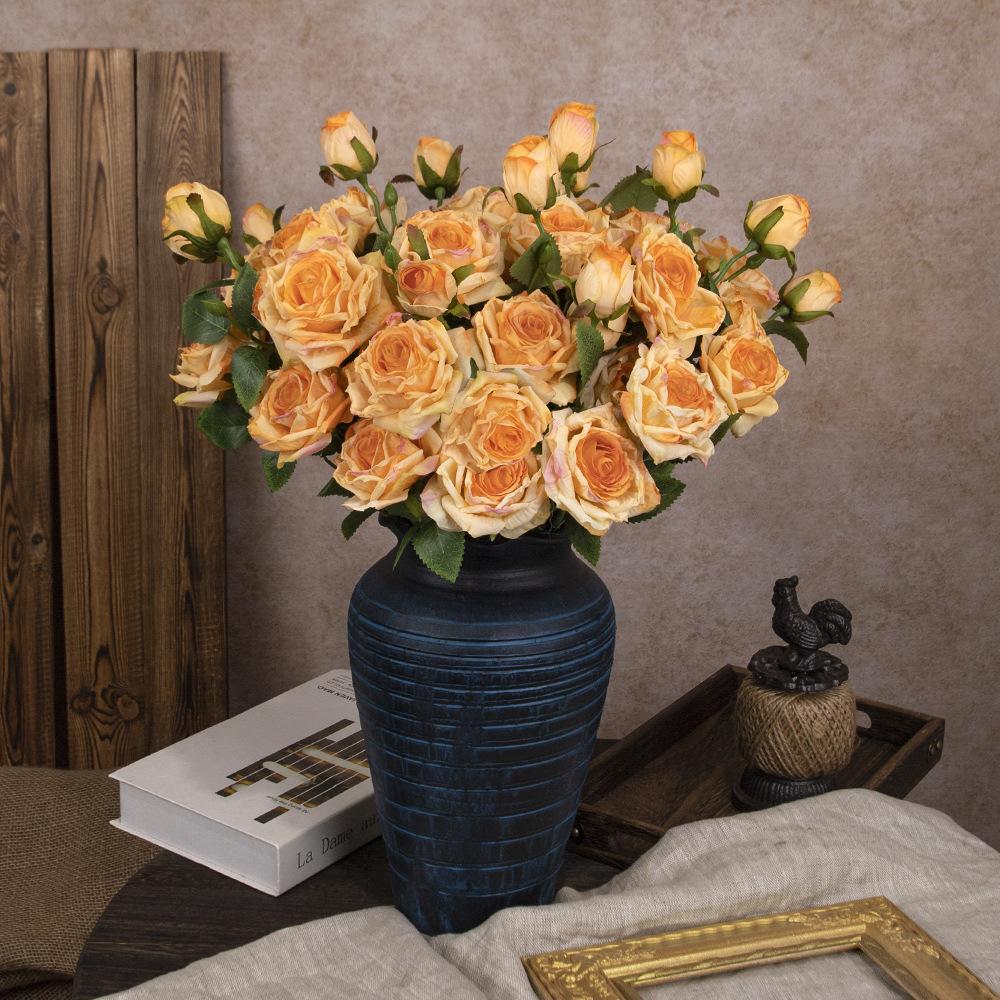 French Style Artificial Single Branch 3-Head Burnt Edge Rose Vintage Home Living Room Decoration Fake Dried Flower Bouquet High-End Feel