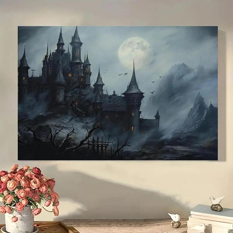 Retro Gothic Dark Theme Solid Wood Framed Mural Decoration, Featuring an Ancient Eerie Castle Wall Art Print for Living Room, Kitchen, or Dormitory with Mysterious and Historic Appeal.