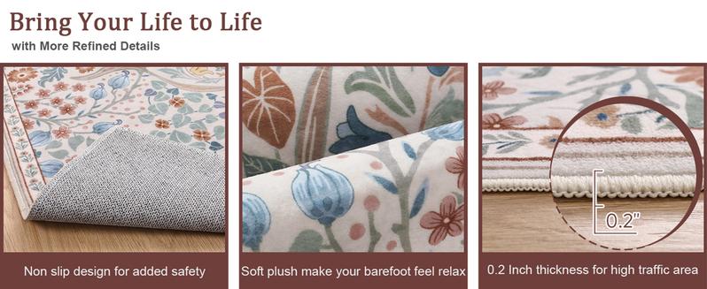 Moynesa Floral Washable Faux Cashmere Rugs, 8x10 Area Faux Cashmere Rug for Living Room, Soft Large Boho Bedroom Faux Cashmere Rugs, Flower Non Slip Ultra Thin Botanical Carpet for Dining Room Nursery Office, Beige