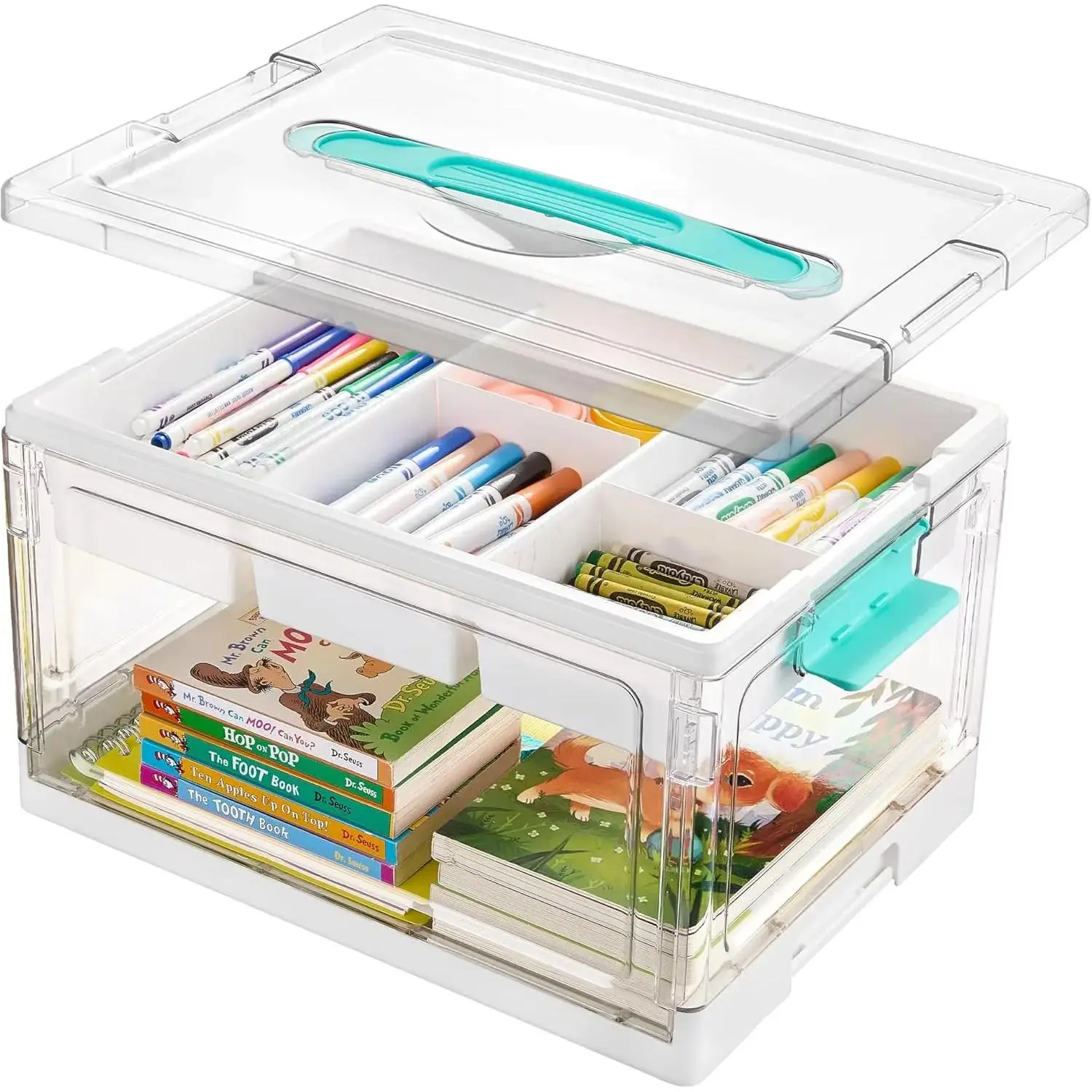 24QT Clear Craft Storage Bin with Removable Trays&Adjustable Dividers, Containers for Art Supply Coloring Books Sensory Toys Craft Supplies Medicine Playdough Squishy Homeschooling, Transparent Dust Proof, Preschool Restock