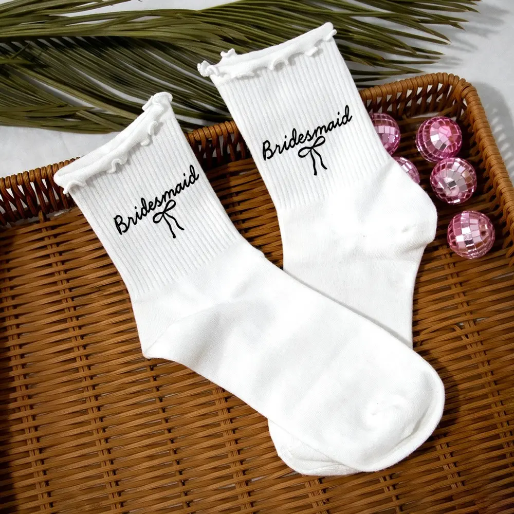 Bow Bride bridesmaid Socks Bridal Ruffles wedding engagement Sleepover Slumber spa Bachelorette hen night Party Bach weekend girls trip Bridal Shower decoration Honeymoon Present Bride Mrs bridesmaid Maid of Honor Proposal Gift photo props