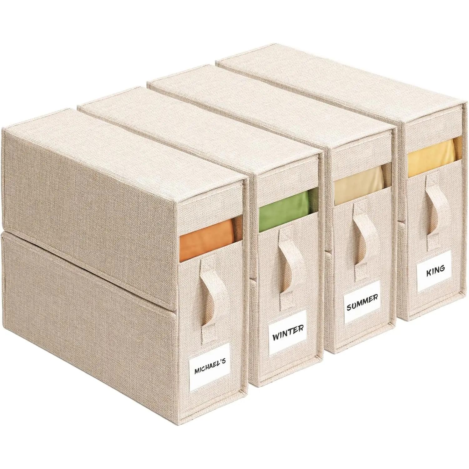 Sheet Organizers and Storage for Linen Closet, 4Pack Beige | 1200D Linen-Type Cloth, Fits  and  Sheet Sets, Clear Window and Label Slot, Foldable  Storage with Handle