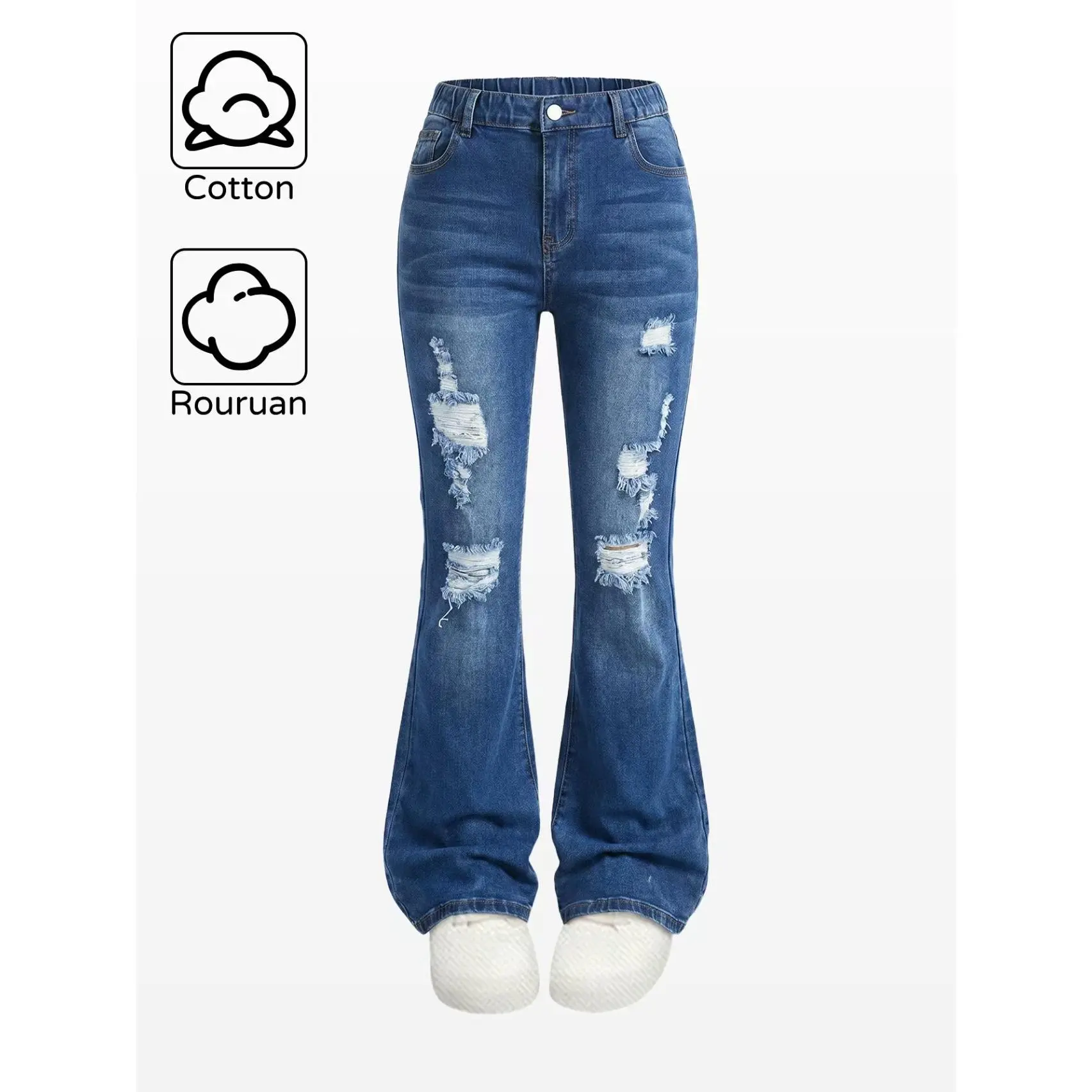Fashionable Girl's High Waisted Jeans, Bell-Bottom Style Elastic Fabric, Ripped Design, Distressed Destroyed Jeans, Distressed Jeans, Casual Fitted Pants, All Seasons Wear, Plain Pattern, Denim Jean
