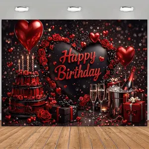 Luxury Birthday Backdrop Red Black Glamour Tapestry Wall Hanging, Birthday Photography Background, Premium Polyester Celebration Decor for Party Venue, Reception Area, Photo Booth, Family Event, Indoor Outdoor Display