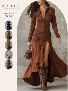 Women’s Western Long Sleeve Maxi Dress, Button Front Shirt Dress, High Slit Ruched Bodycon, Vintage Cowboy Cowgirl, Country Concert Dress