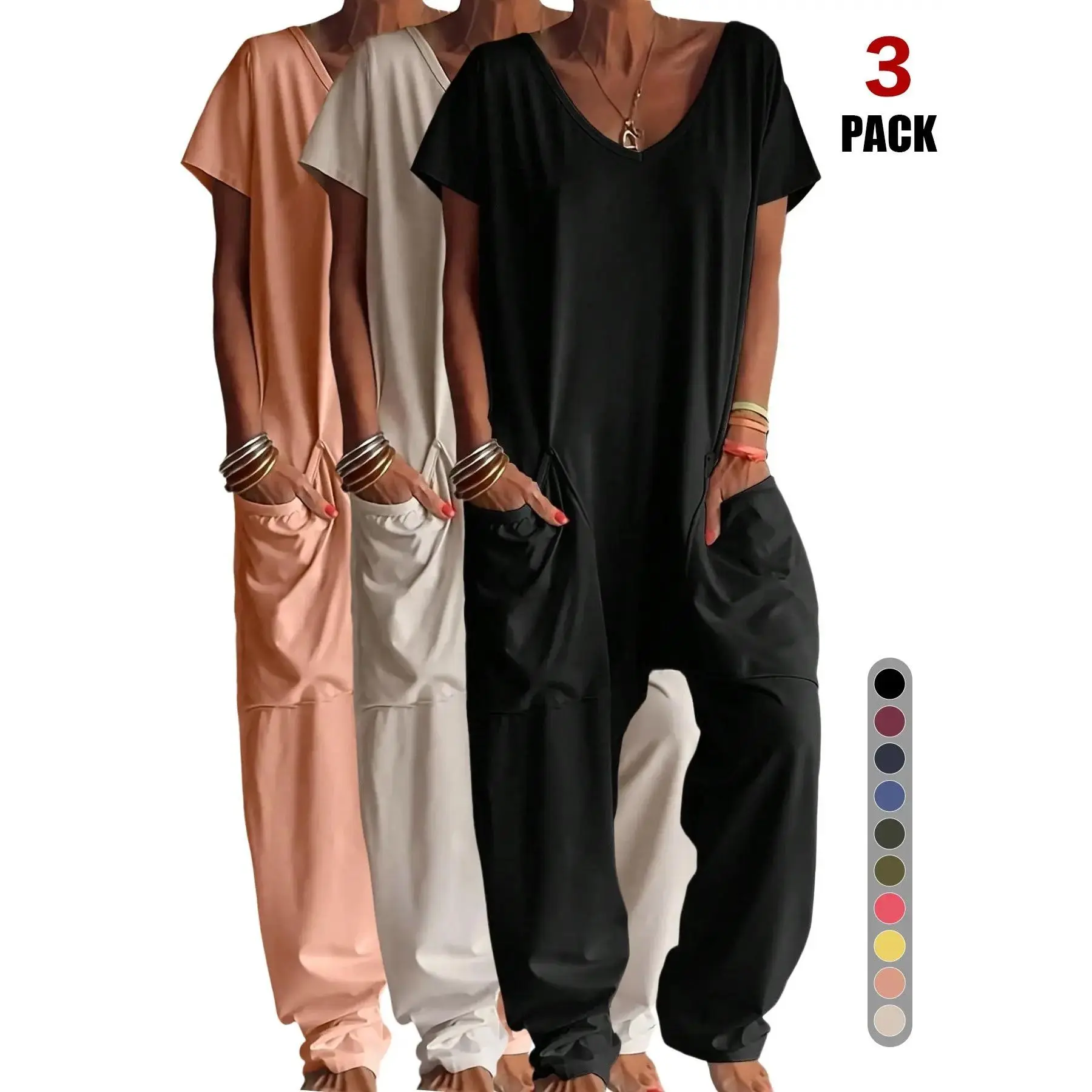 2026 New Women V Neck Oversized Baggy Jumpsuit, Short Sleeve Wide Leg Harem Loungewear Romper with Large Side Pockets, Soft Stretch Solid Knit Casual Sleep Vacation One Piece Outfit, All Season