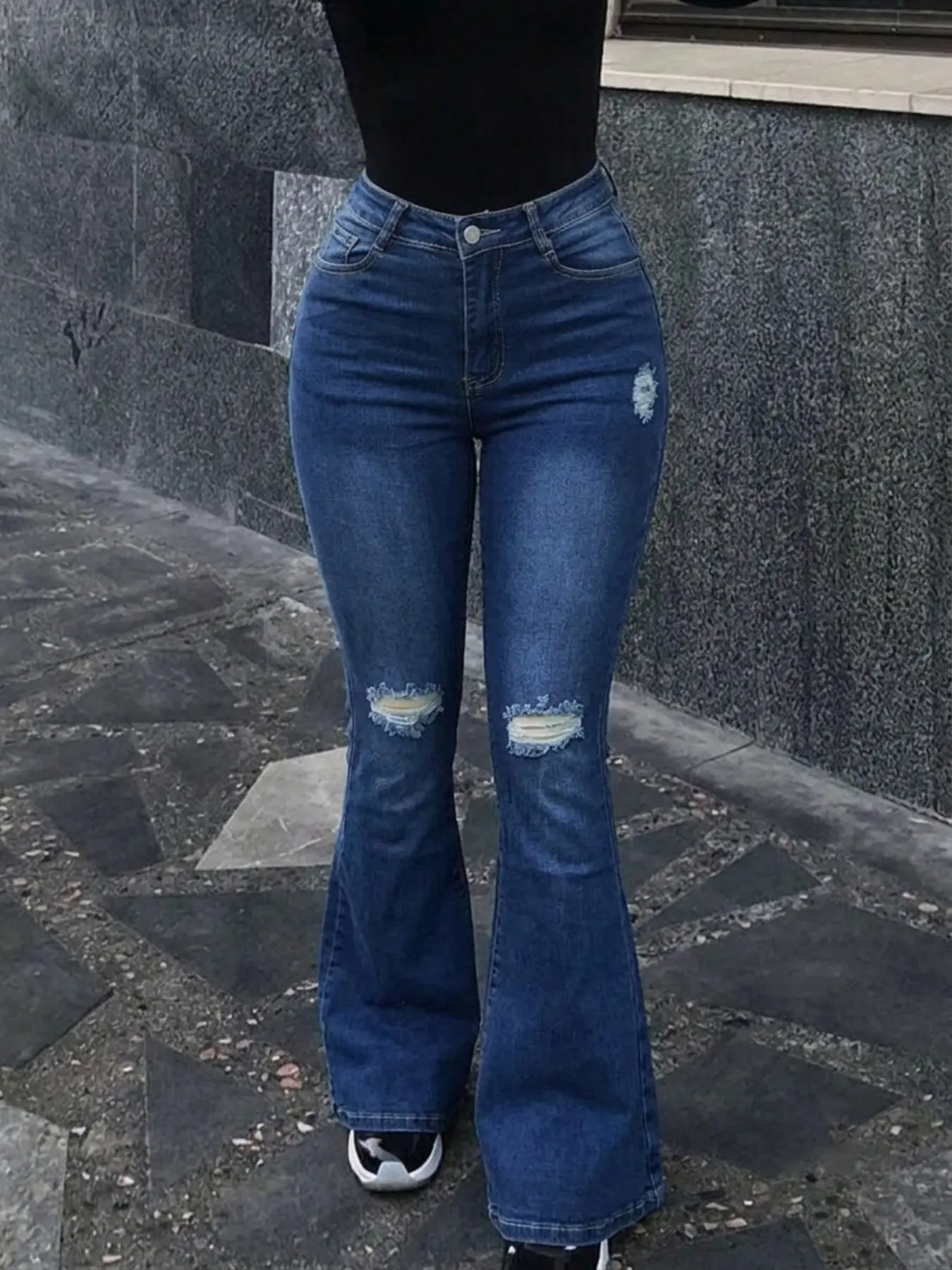 Women's Ripped Distressed Washed Micro Flare Jeans, Elastic High-Waisted Bell Bottom Long Pants, Washed Vintage Denim Bottoms, Daily Streetwear Slim Fit