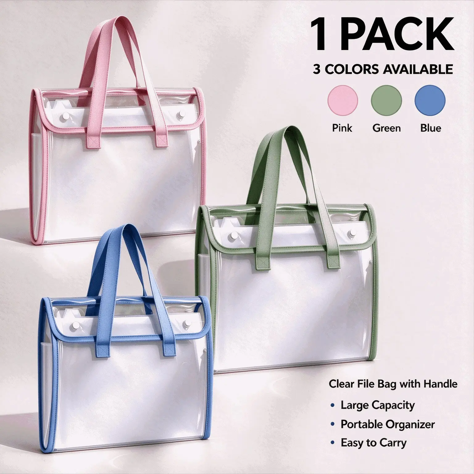 Transparent A4 Document File Folder with Button Flap Closure & Dual Handles – Waterproof and thickened Clear PVC File Carry Bag for Office Files, School Notes, Certificates & Travel Documents -3 Color