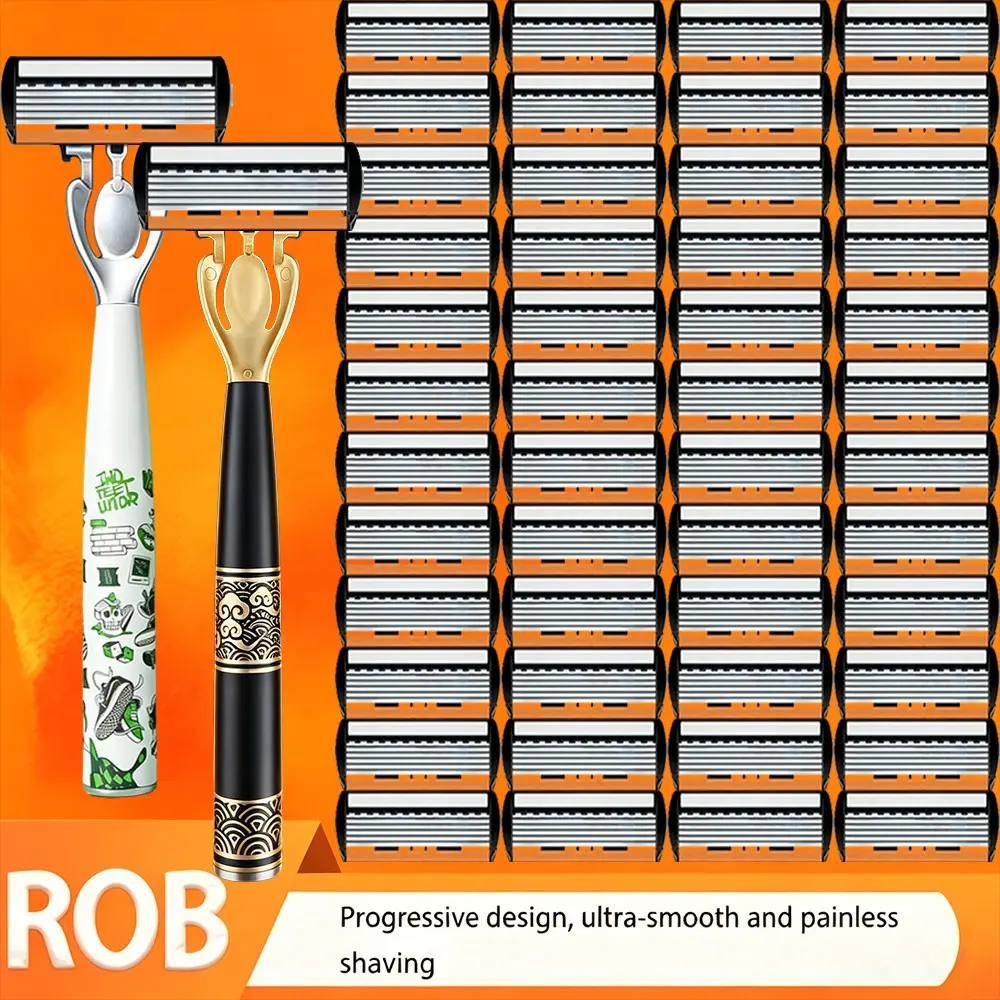 Men's Manual Razor Set with Feng Shui Cloud Design, 2 Razors, 48 Replacement Heads, Ultra-Thin Blades, Smooth Shave, Gift-Ready