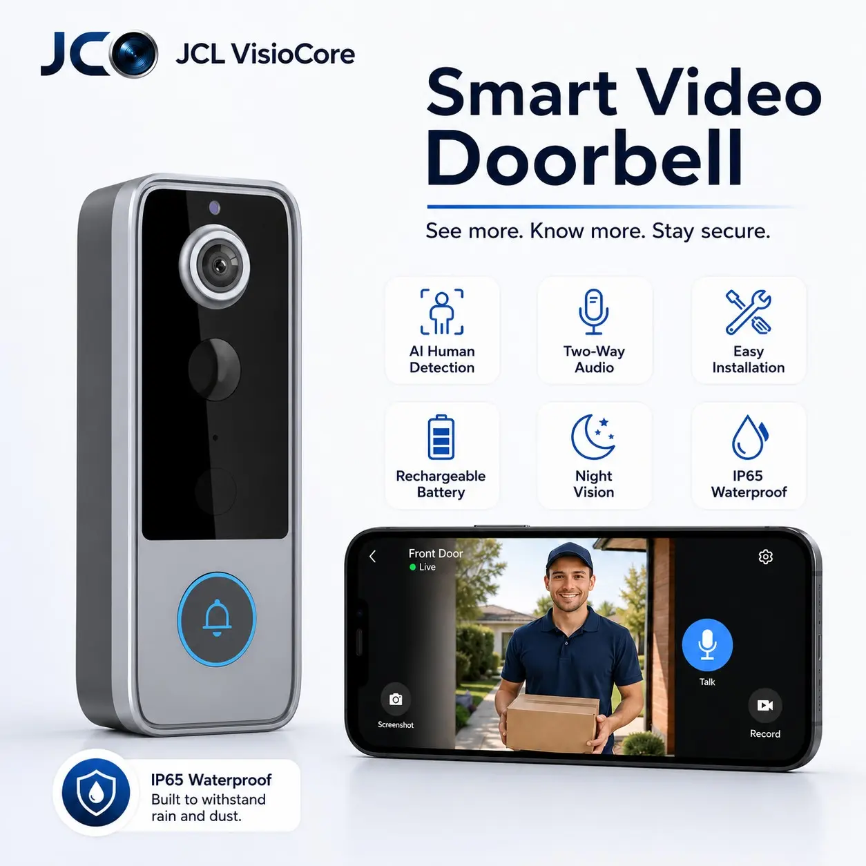 Smart Wireless Video Doorbell Camera, Ip65 Waterproof, Easy Installation, Two-Way Talk, Motion Detection, 2000mah Battery, 1080P Night Vision