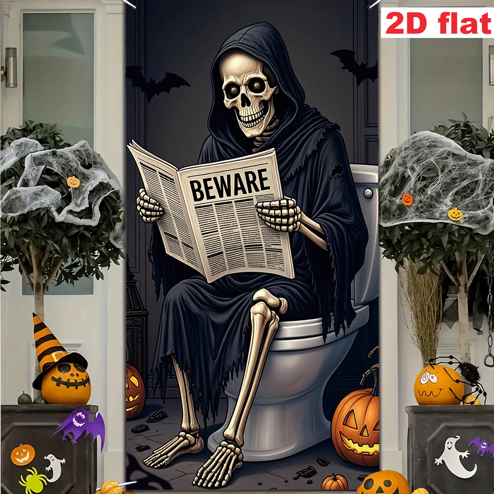 2D flat banner 【Hang a banner, pull a flag】 1 piece, made of polyester, a dark and humorous Halloween decorative banner with a design of the Grim Reaper reading a newspaper while using the toilet, a garden flag decoration for the door cover