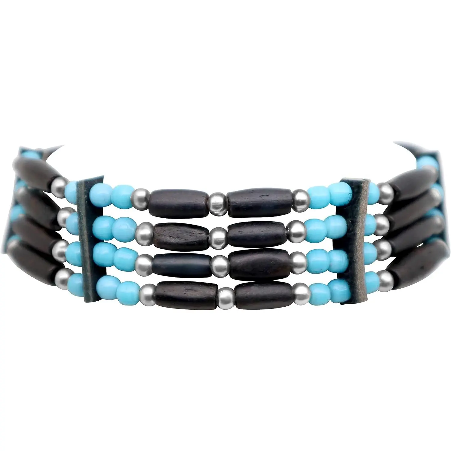 Indian Style  Choker Necklace, 4 Row Black Buffalo  Hairpipe and Blue Bead Unisex Adjustable Choker