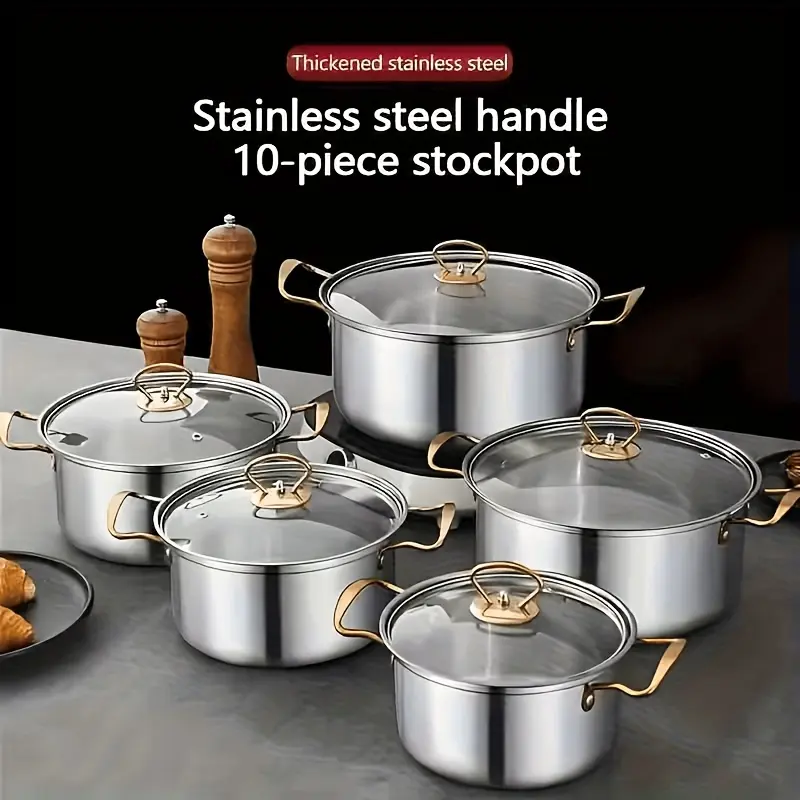 5-Piece stainless steel cookware set with 5 pots and 5 lids, with gold handles. Suitable for induction cookers and outdoor camping, can be washed in the dishwasher, ideal for healthy cooking