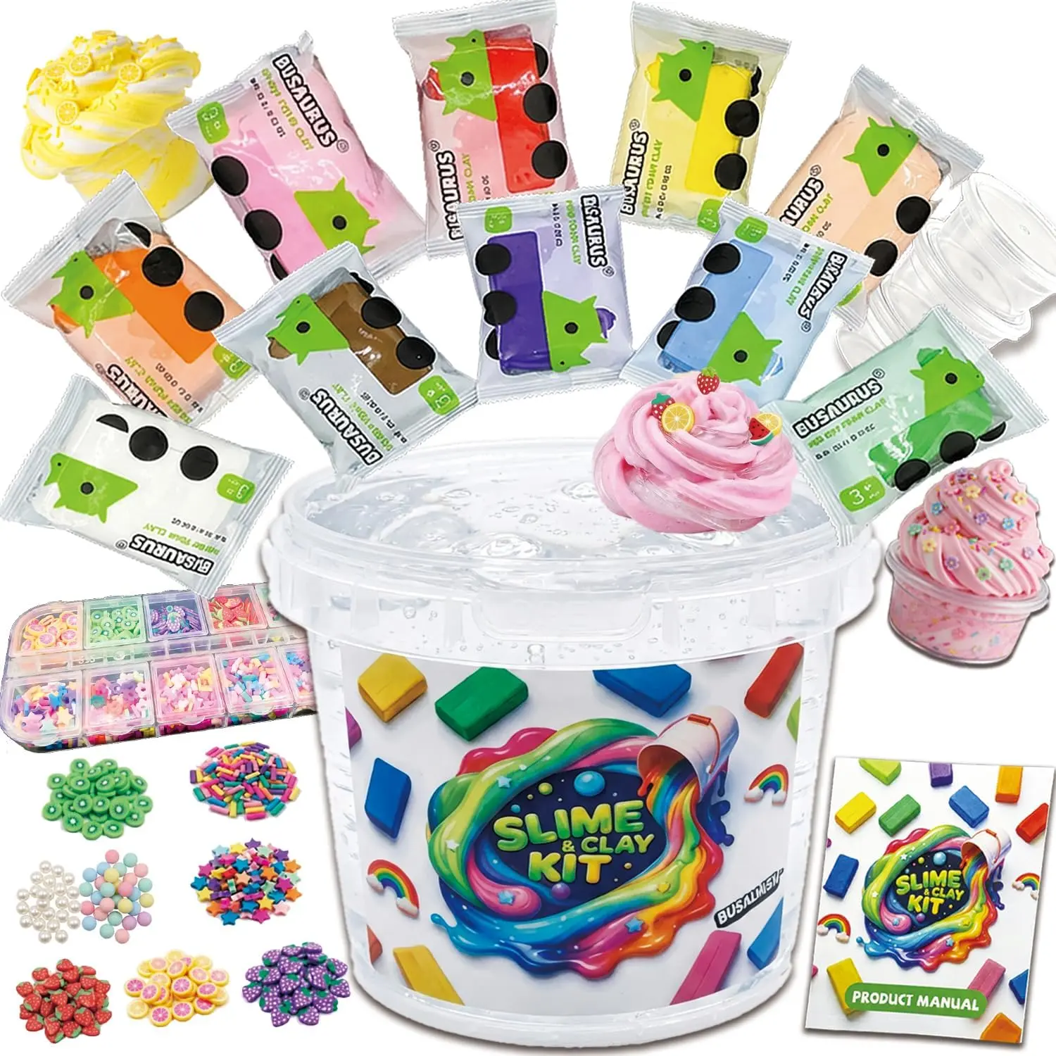 Clear Slime and Foam Clay Kit for Kids, 17 Fl Oz Premade Clear Slime with 10 Color Foam Clay, Charms, Sprinkles and 5 Storage Containers, DIY Butter Slime Craft for Girls and Boys