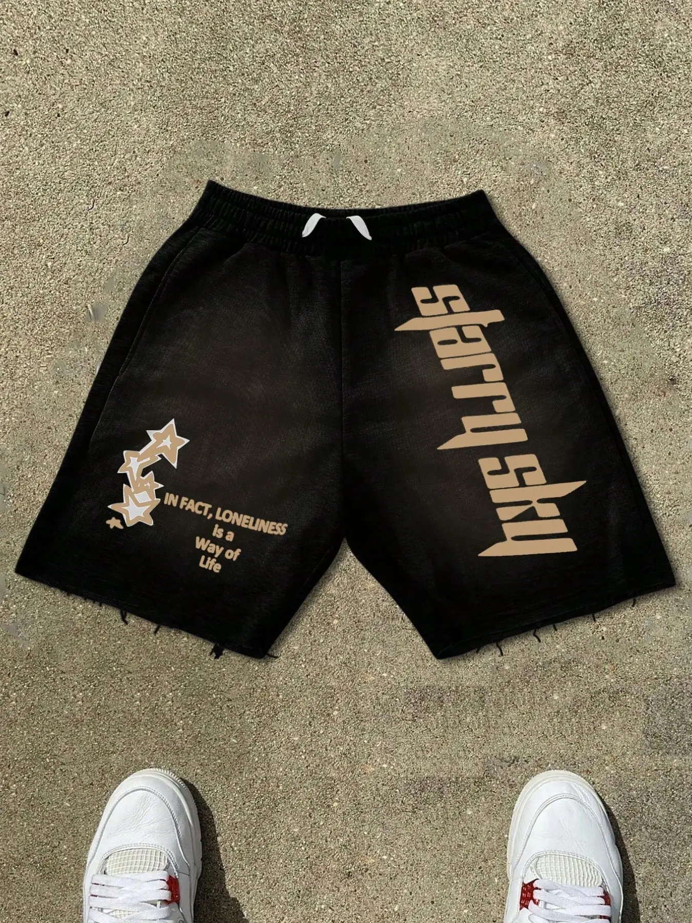 Men's Shorts with Star and Text Prints, Elastic Drawstring Waist, Side Pockets, Raw Hem, Street Style