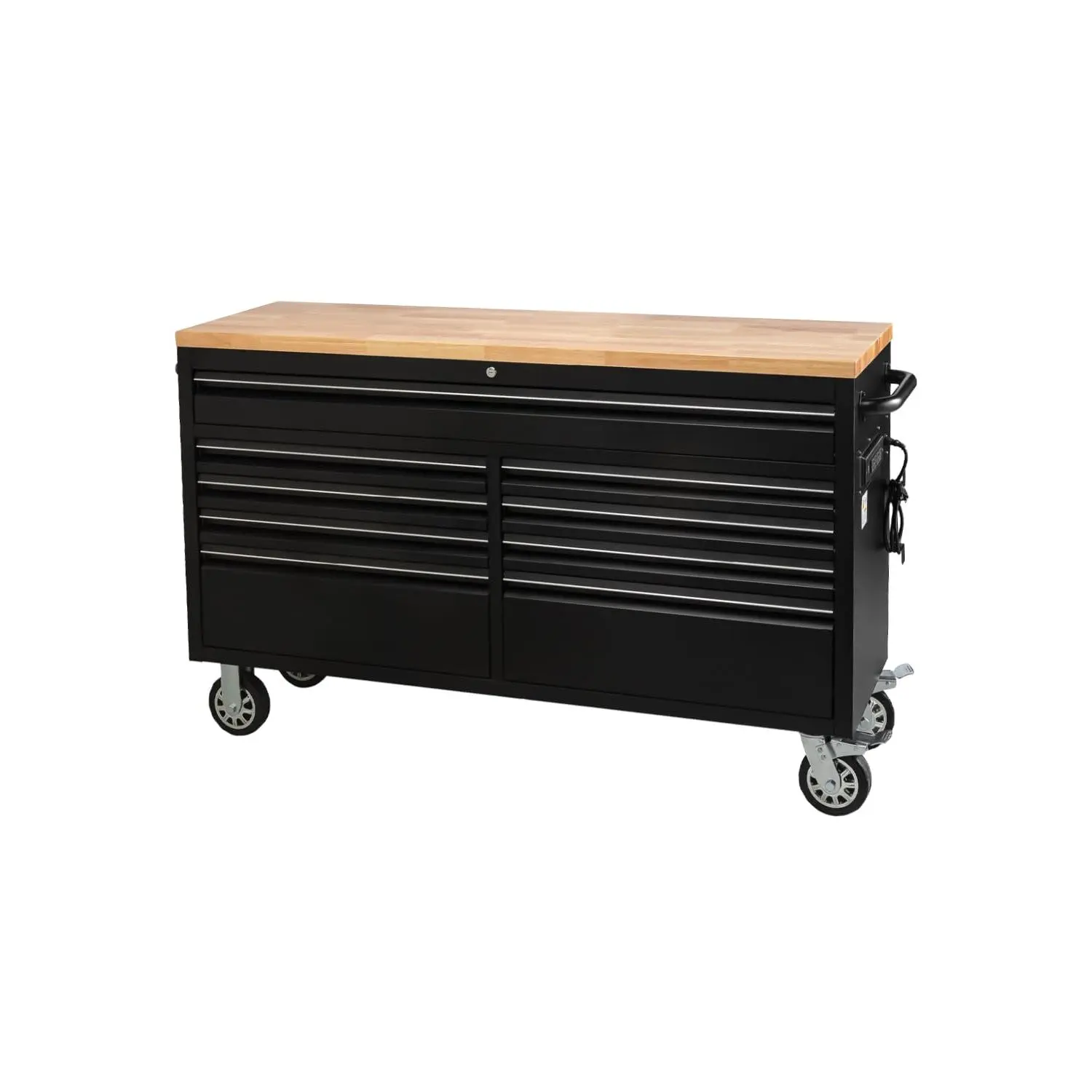 Heavy-Duty 61-Inch Rolling Tool Chest & Mobile Workbench - 9 Lockable Drawers - Steel Storage Cabinet with Wood Top & Wheels for Garage, Workshop, Warehouse - Black