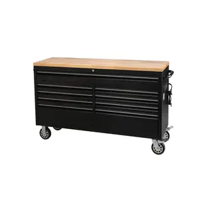 Heavy-Duty 61-Inch Rolling Tool Chest & Mobile Workbench - 9 Lockable Drawers - Steel Storage Cabinet with Wood Top & Wheels for Garage, Workshop, Warehouse - Black