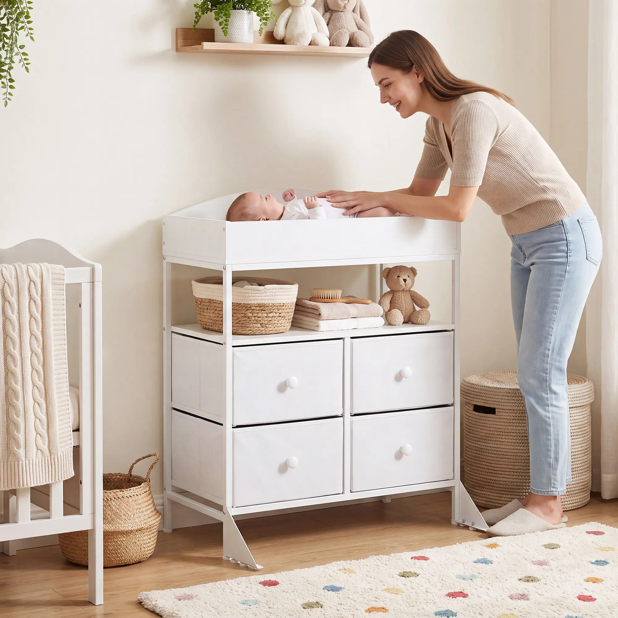 6-Drawer Baby Dresser with Removable Changing Table Top & Fabric Storage Bins – Modern Space-Saving Diaper Changing Station for Nursery