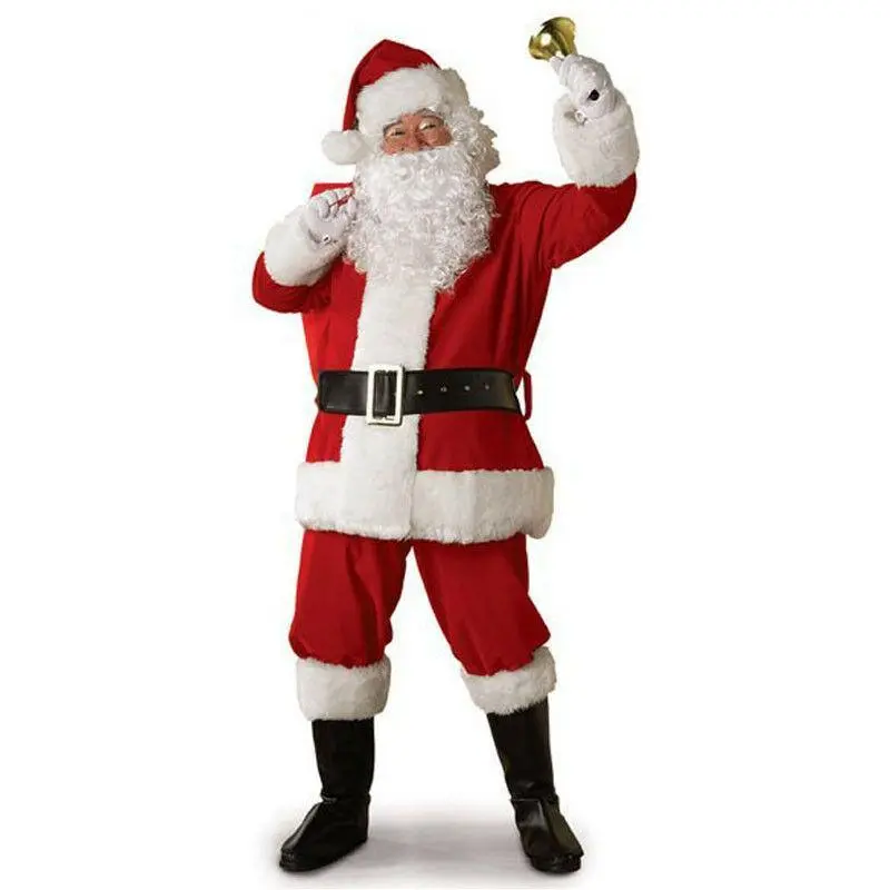 Unisex Adult Santa Suit Full Outfit (5Pcs, S-3XL) - Christmas Cosplay Wear Clothes for Men & Women, Fancy Dress with Long-Sleeve Top, Pants, Sleeves, Zipper, Patchwork, Wig & Beard, Novelty Toy Role-Play Outfit, Velvet, Xxl