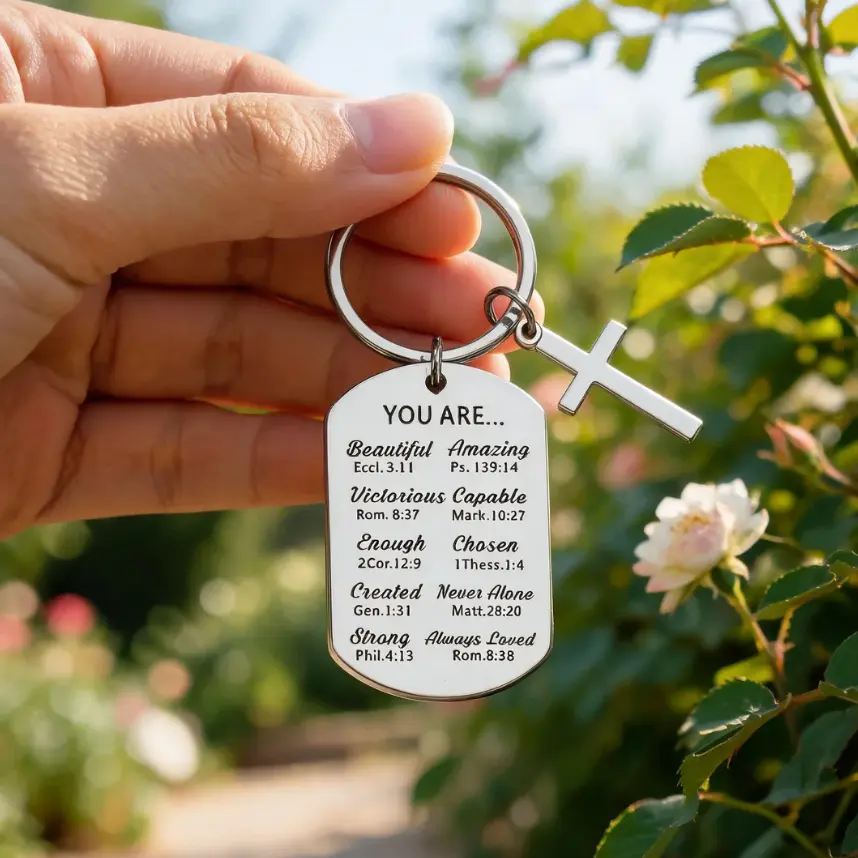 Christian Cross Keychain, Engraved Bible Verse Inspirational Key Holder, God’s Love Scripture Gift for Believers, Prayer Encouragement Accessory
