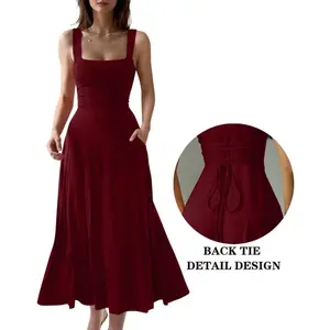 #OOTD Women's Casual Sleeveless Square Neck A-Line Solid Slim Flowy Long Dress with Pockets & Back Tie Detail Design