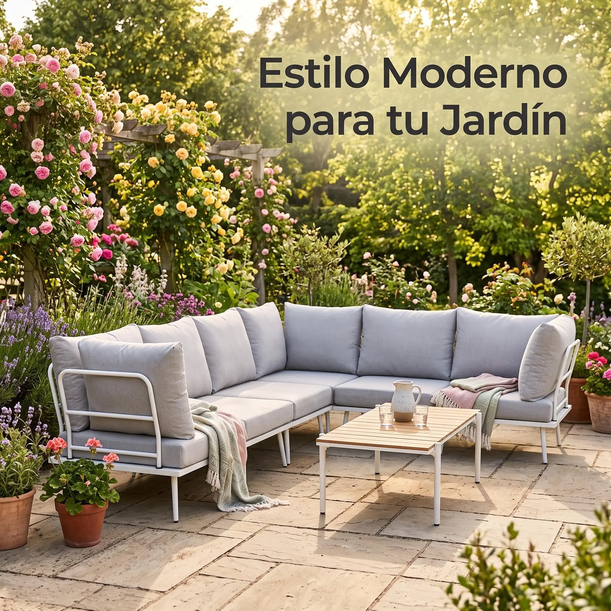 Modern Outdoor Sectional Sofa Set with White Iron Frame, Gray Cushions & Matching White Table – Patio Conversation Seating for Modern Garden, Backyard & Deck