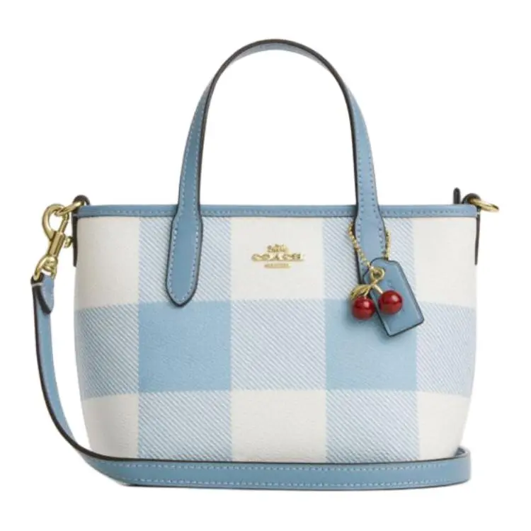 COACH City Tote 15 Handbag for Women – Blue and White Plaid with Cherry Charm Checkered Pattern Bag Casual Everyday Bag