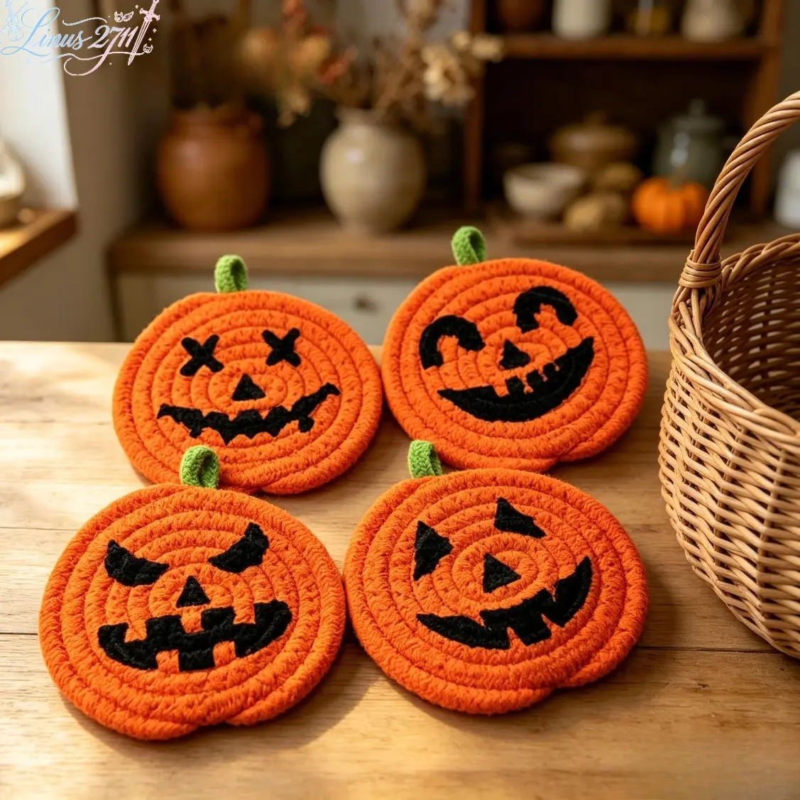 Halloween Pumpkin Coasters - Hand Woven Jack O Lantern Drink Coasters, Heat Resistant Cup Mats, Cute Pumpkin Face Coasters for Home Kitchen Tabletop Decor