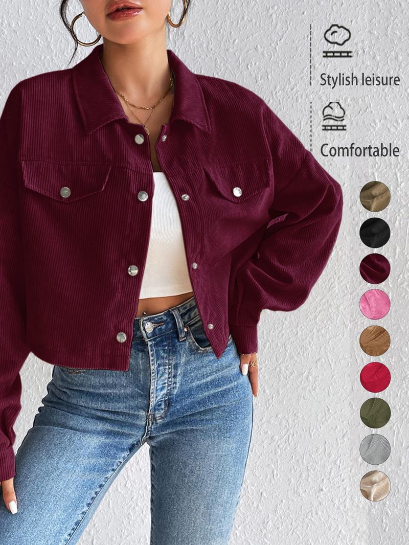 Women's Plain Button Front Drop Shoulder Jacket, Casual Pocket Design Long Sleeve Corduroy Jacket for Fall & Winter