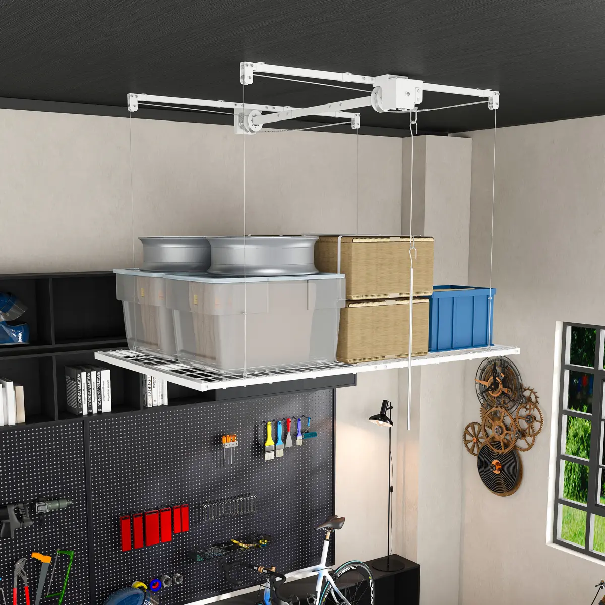 White Overhead Garage Storage Rack 4x8 FT for High Ceilings 10-12 FT, 350LBS Capacity All-Steel Construction with Safety Lock (Installation Required, Heavy-Duty Garage Organizer)