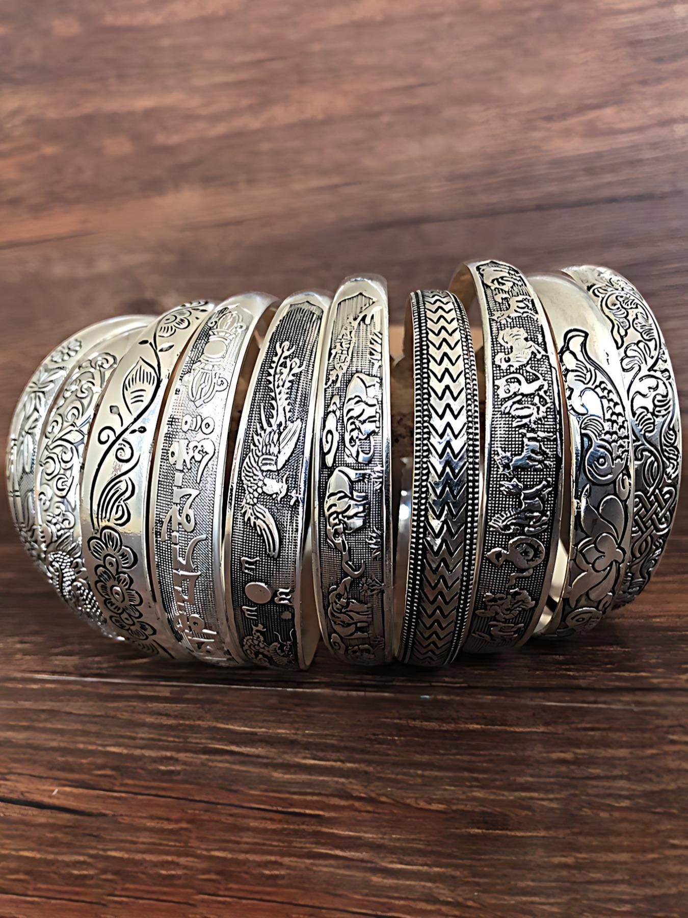 Vintage Chinese Style Cuff Bangle, Adjustable Engraving Bangles for Women & Men, Fashion Accessories for Daily Wear