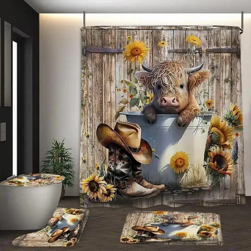 1/4-Piece Cow & Floral Bathroom Decoration Set - Bathroom Decoration Accessories, Anti-Slip Waterproof Polyester Floor Mat, U-Shaped Carpet, Toilet Lid Cover, Free 12/24 Shower Curtain Hooks (Anti-Slip Waterproof Shower Curtains Sets Compatible)