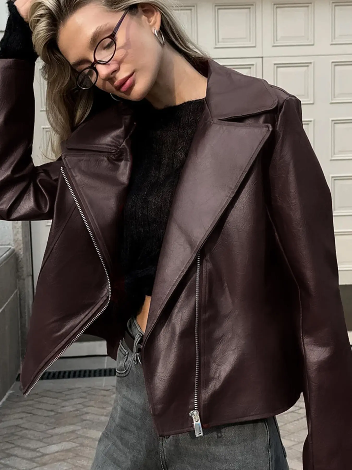 Vintage Short Leather Jacket, High-End Large Notch Lapel, Zipper Closure, Loose Fit Slimming Motorcycle Coat, Women's Spring Fall Outerwear, Tops