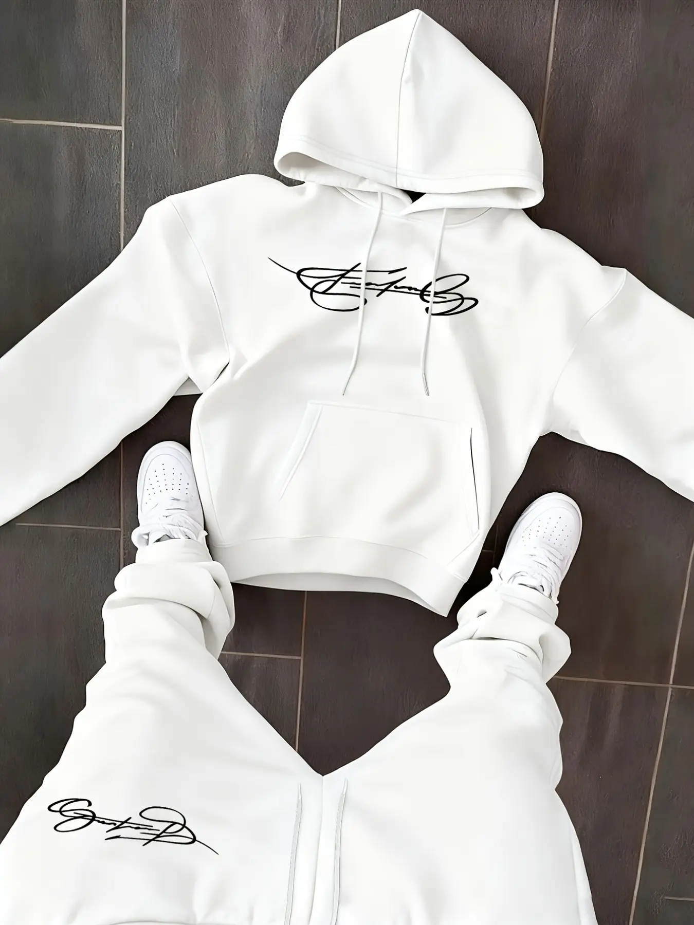 Viral Men Black Matching Tracksuit Set Oversized Signature Script Graphic Print Hoodie & Drawstring Cuffed Jogger Pants 2 Piece Outfit Soft Fleece Breathable Loose Fit Streetwear Athleisure Suit For Daily Lounge Gym Airport Travel Coffee Run All Season Ae