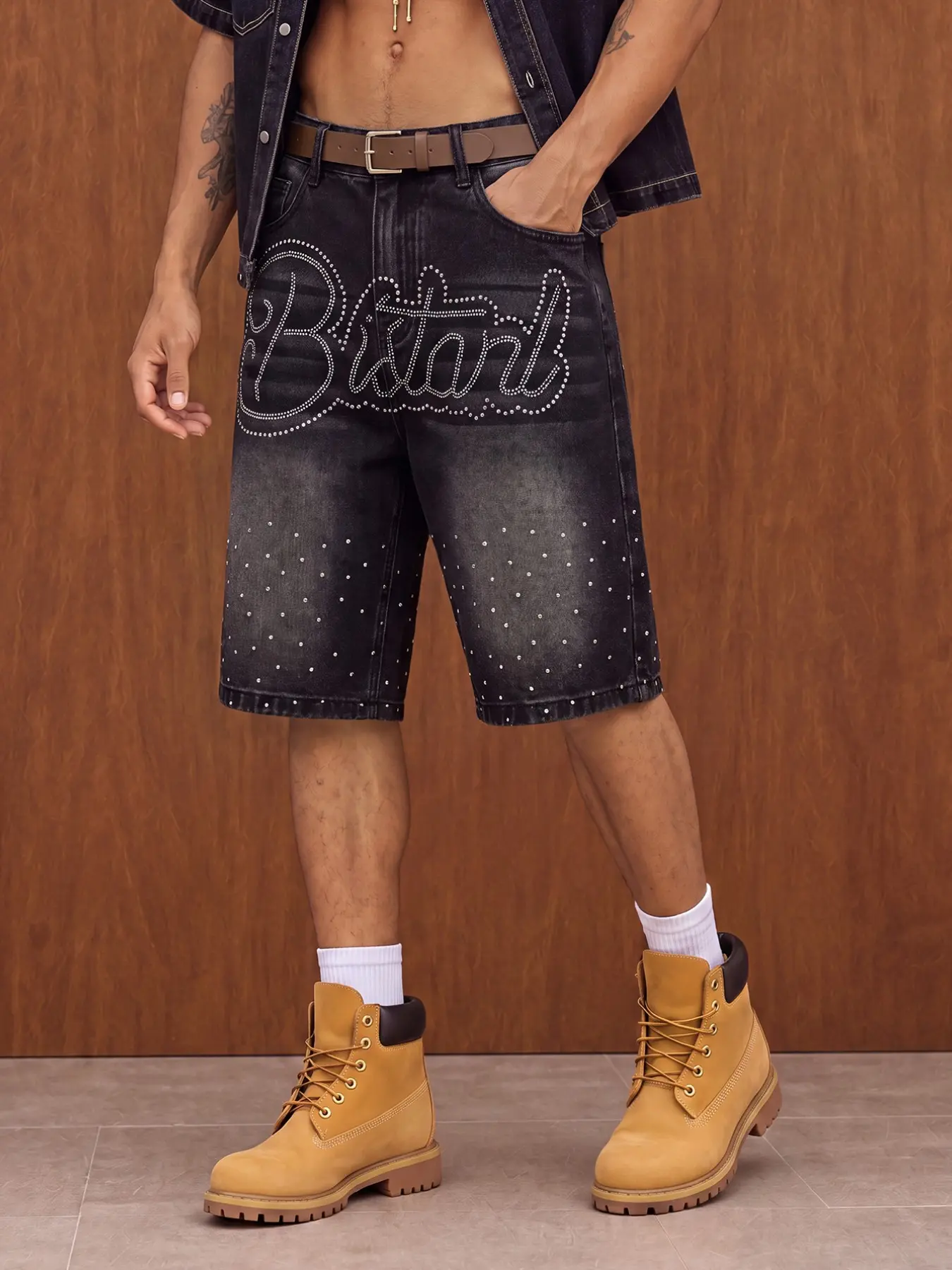 Men Rhinestone Denim Shorts Baggy Wide Leg Black Grey Washed Streetwear Y2K Summer Shorts