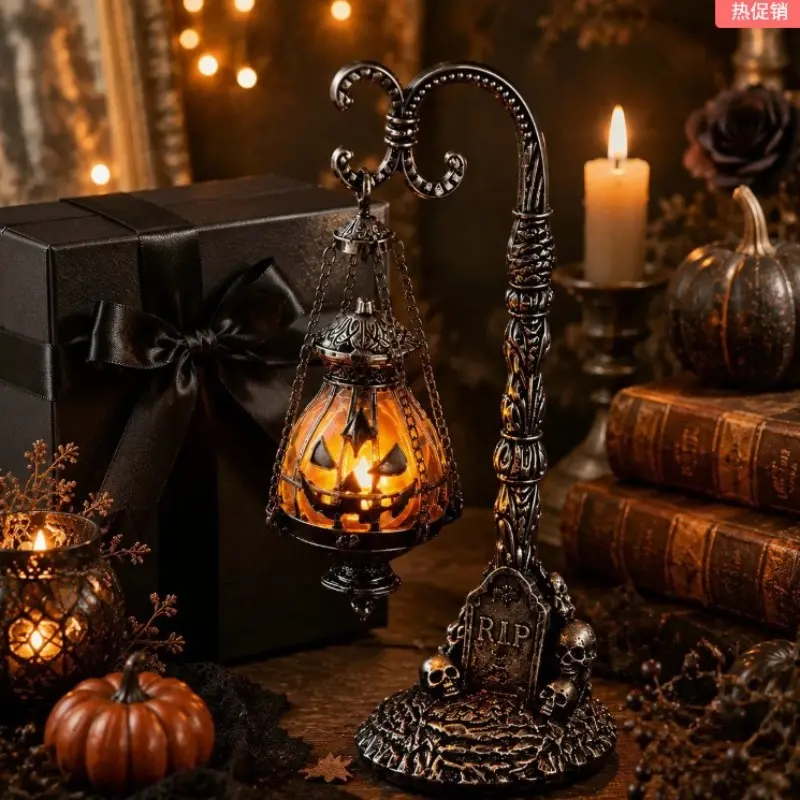 Gothic Halloween Pumpkin Hanging Lamp, Vintage Glowing Jack O' Lantern Desk Lamp, Tombstone Skull Base, Spooky Indoor Decor for Parties