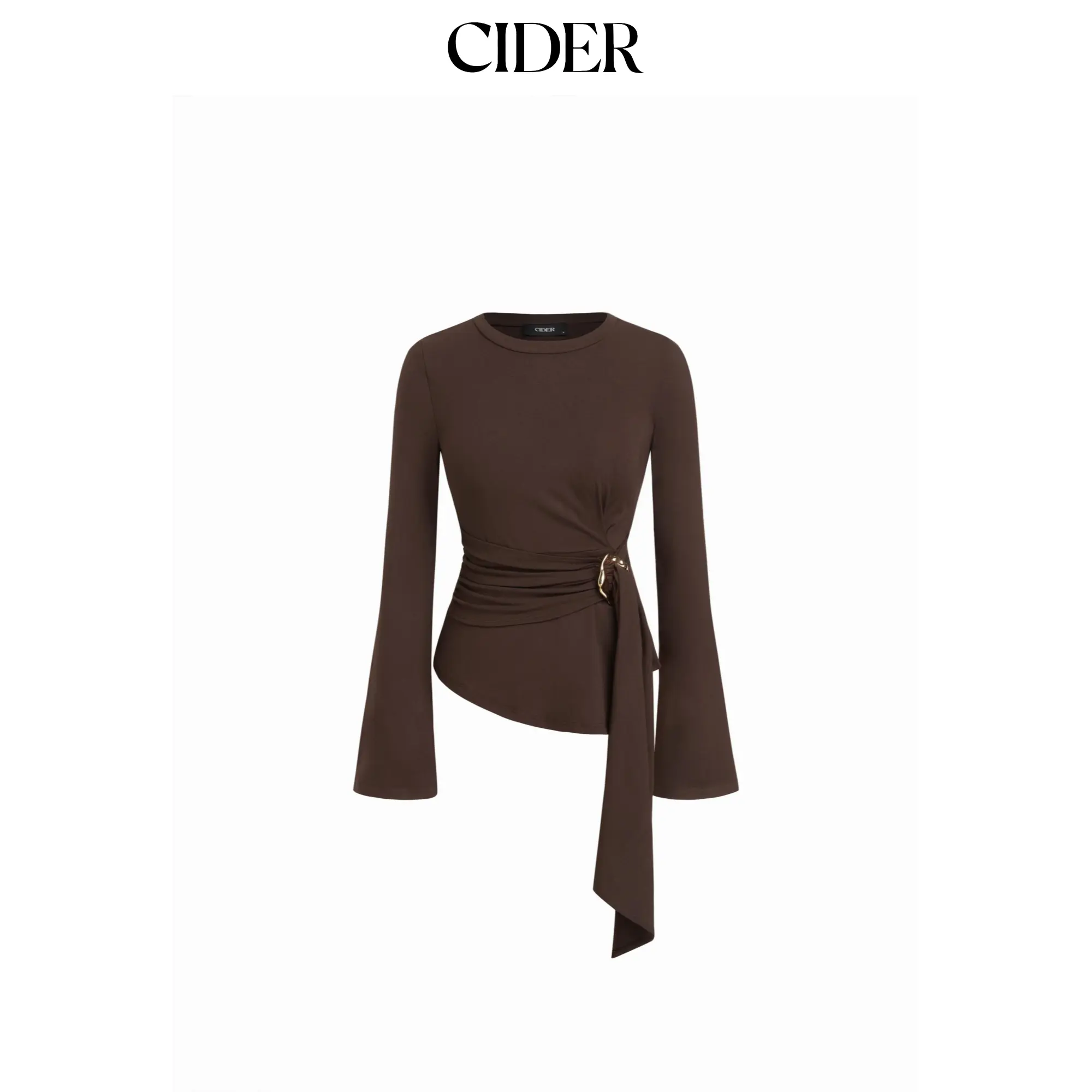 Cider Round Neckline Ruched Metal Detail Long Sleeve Tee SummerFinds