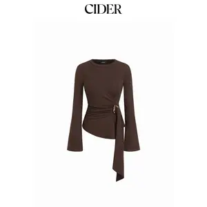 Cider Round Neckline Ruched Metal Detail Long Sleeve Tee Dealsforyou