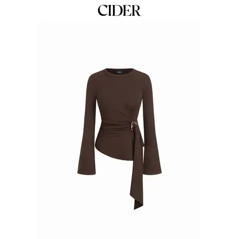 Cider Round Neckline Ruched Metal Detail Long Sleeve Tee