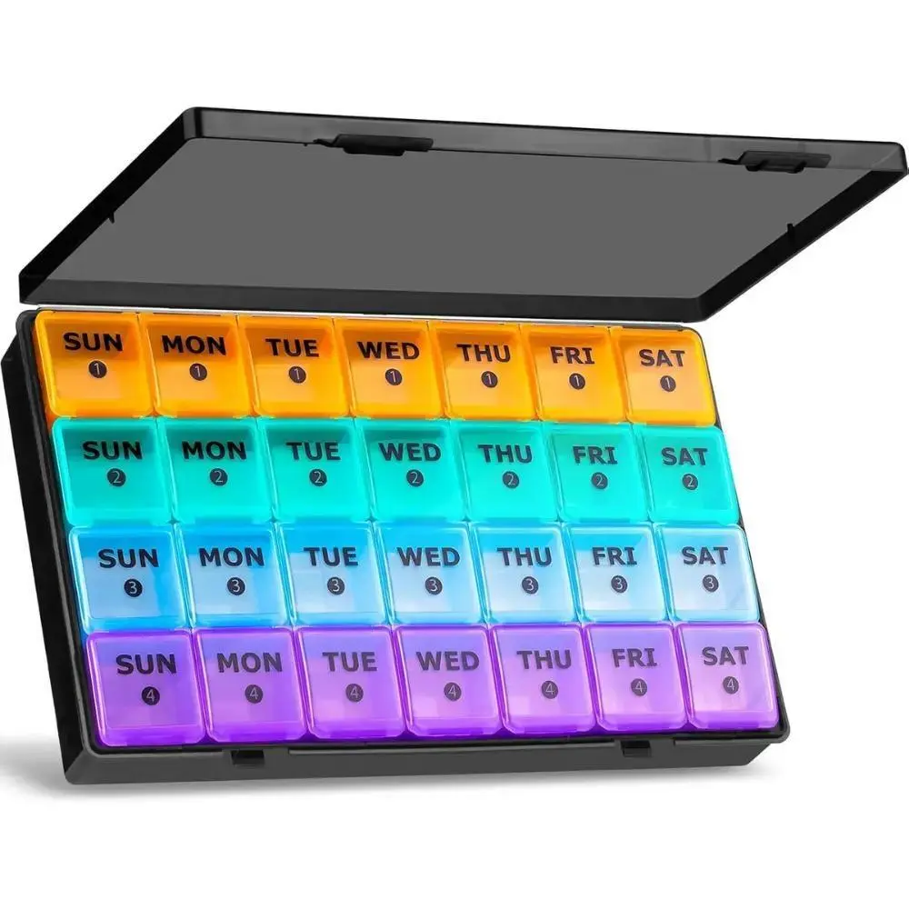 XL 28-Day Healthcare Pill Organizer - Monthly Medicine Box with 7-Day Daily 4-Compartment Cases, Large-Capacity Travel Bag Accessory for Vitamins, Supplements