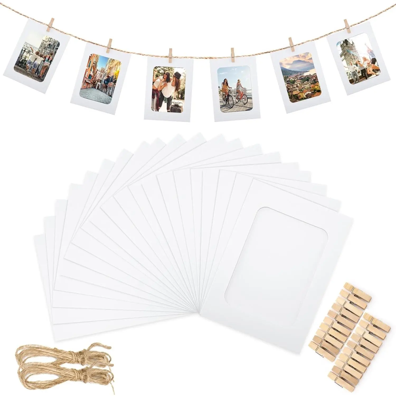 20Pcs 4x6 in Reusable Wooden White Cardboard Paper Photo Frame Set, Simple Window Picture Display Holders with String & Clips, DIY Graduation Hanging Banner for Home, Classroom