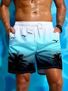 Men's Coconut Tree Pattern Waistband Beach Shorts, Gradient Print Casual Sports Pants, Men's Swim Trunks, Fitted Short Length, Beach Pool Wear